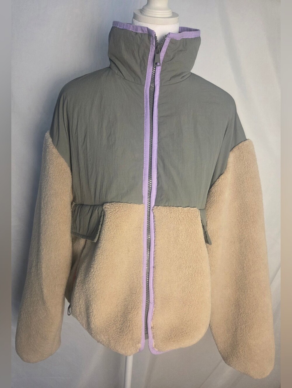 Zara Beige Sherpa and Gray Puffer Jacket with Lilac Trim